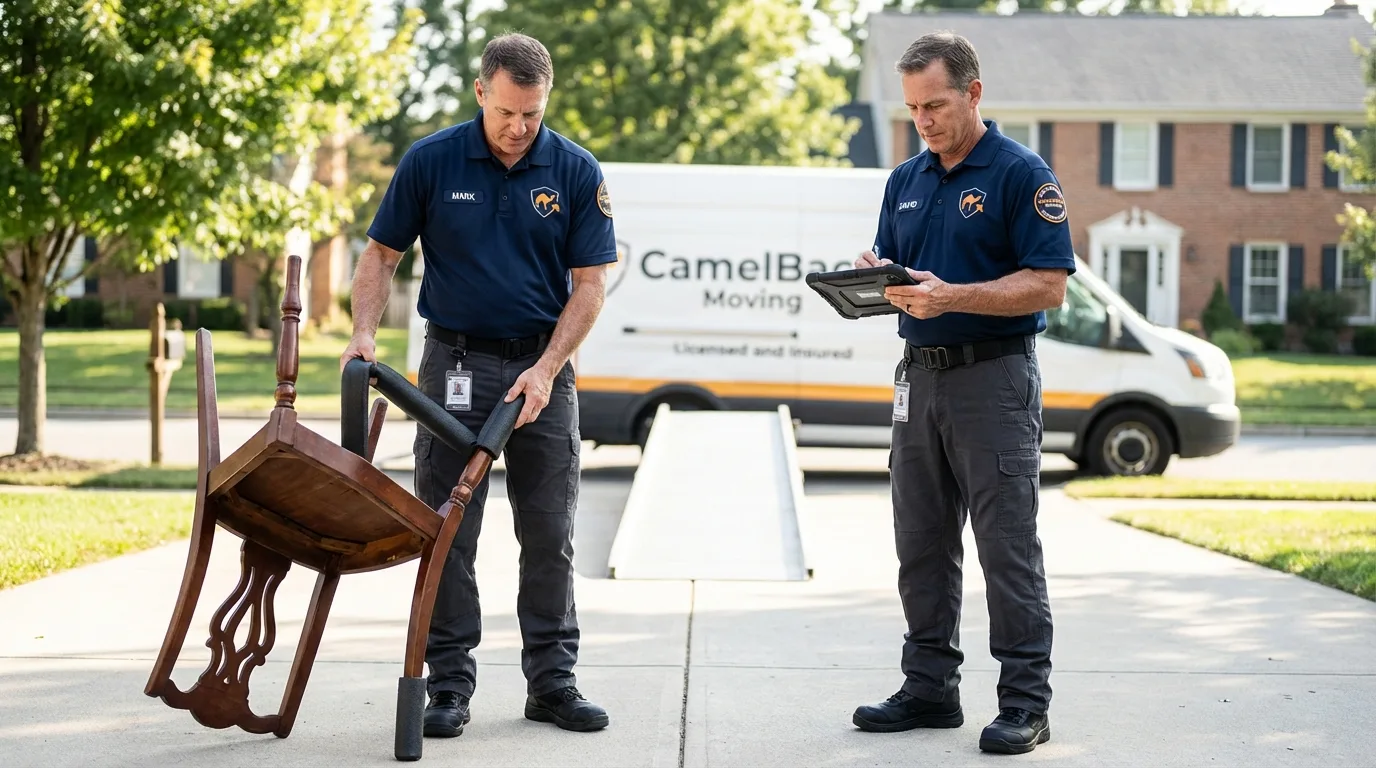Movers inspecting furniture for damage prevention before loading in Bay Springs, MS