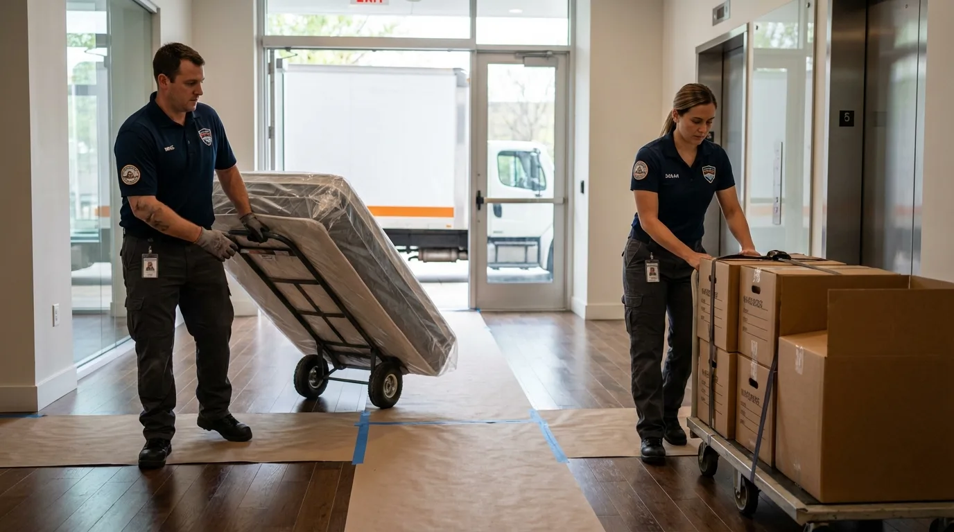 Professional apartment movers loading elevator in Bay Springs, MS