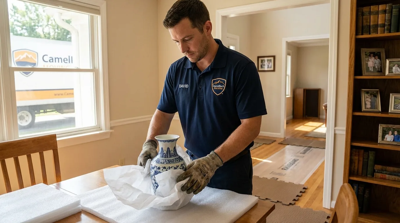 Professional crew carefully wrapping antique vase for senior downsizing move in Bay Springs, MS